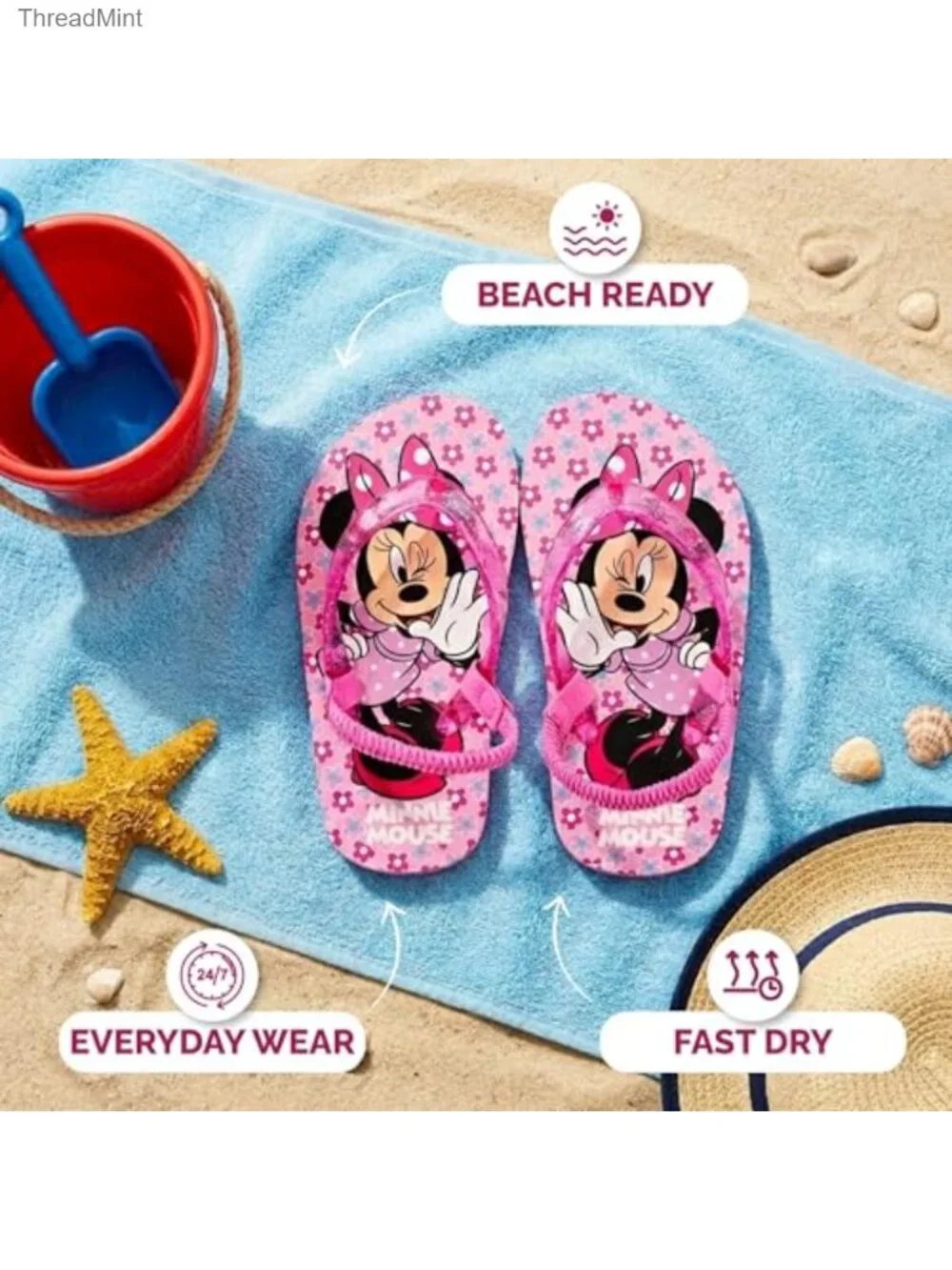 Disney Minnie Mouse Flip Flops Sandals Kids Water Shoes Quick Dry